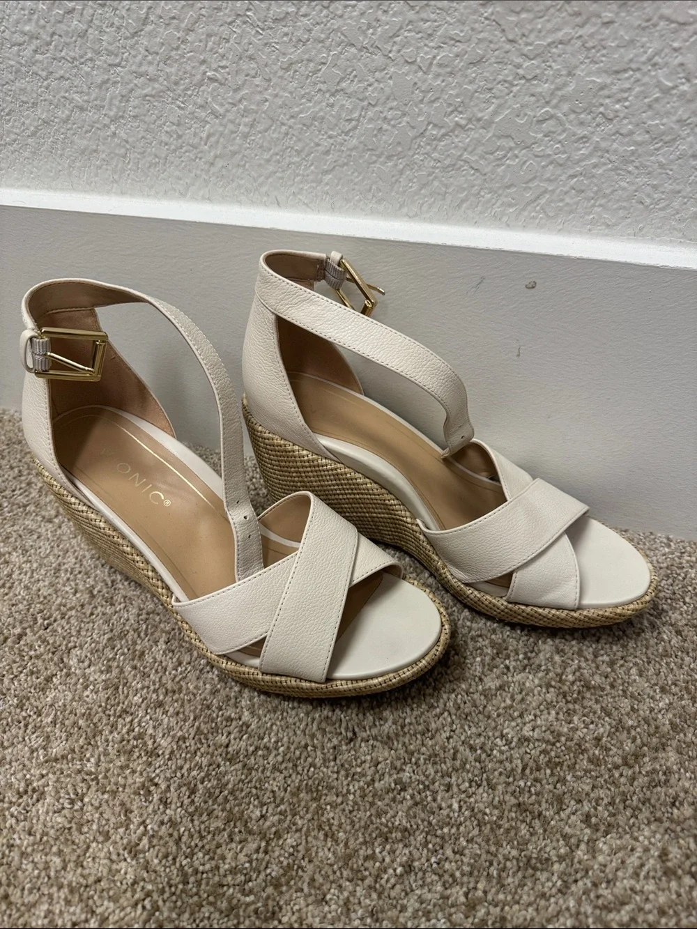 Vionic Cream Espadrille Wedge Sandals with Ankle Buckle